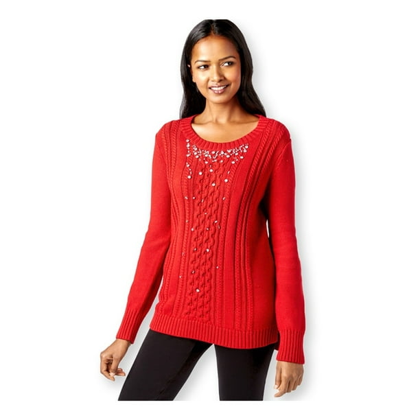 Grace Elements Womens Embellished Cable Hi-Lo Sweater Grace Elements Womens Embellished Cable Hi-Lo Sweater